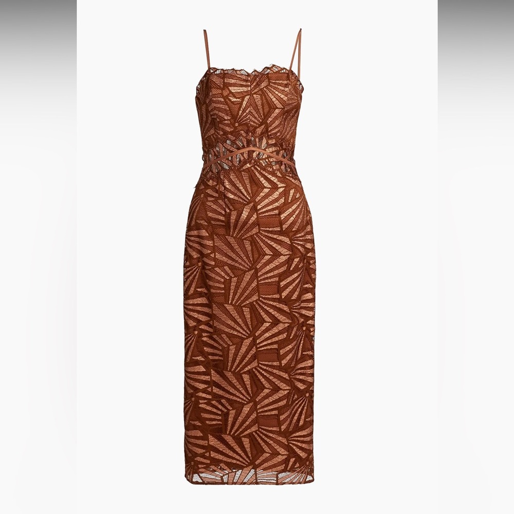 Ramy Brook Nonie Brown and Gold‎ Spaghetti Strap Lace Midi Dress Size Small